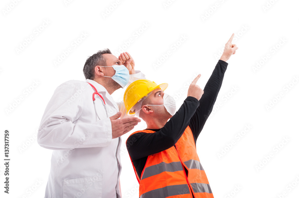 Low angle constructor showing far away something at doctor Low angle constructor showing far away something at doctor