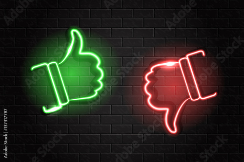 Vector thumbs up and down neon signs on the wall background.