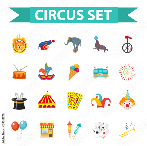 Circus icon set, flat, cartoon style. Set isolated on a white background with elephant, lion, Sealion, gun, clown, tickets. Design elements. Vector illustration clip art