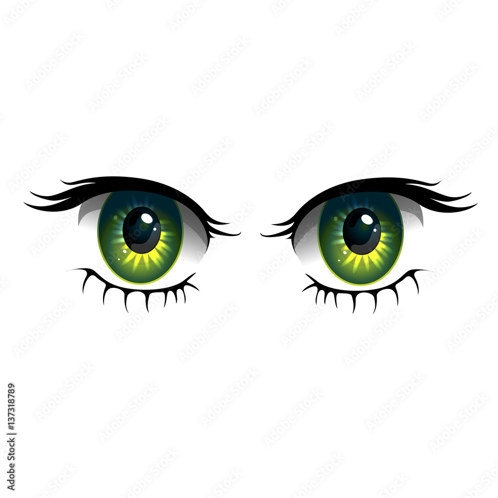 Cartoon eyes on white background. Anime style eyes with long eyelashes. Vector Illustration