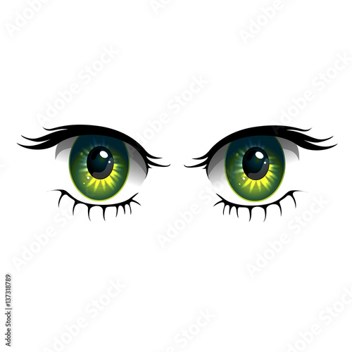 Cartoon eyes on white background. Anime style eyes with long eyelashes. Vector Illustration