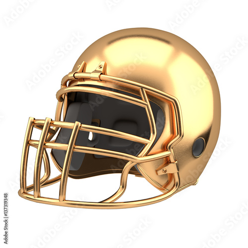 Golden American football helmet. Sport equipment. Symbol of Cup or Trophy. 3D render Illustration. Isolated on white background.