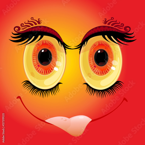 Cartoon anime monster face with big eyelashed sticking out tongue. Vector Illustration