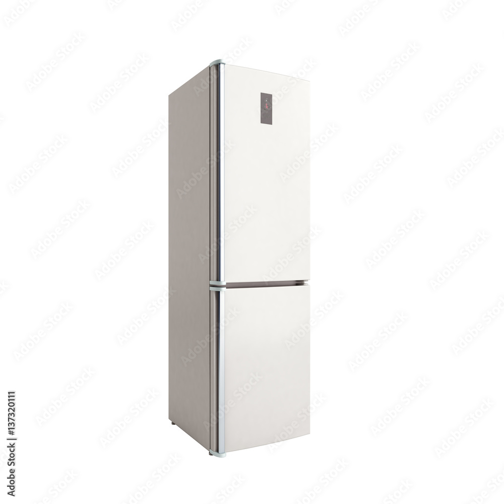 Stainless steel modern open refrigerator on white 3d illustration no shadow Stainless steel modern open refrigerator on white 3d illustration no shadow