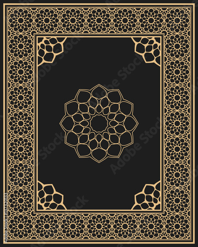 Quran template cover. Black and gold design for koran book.