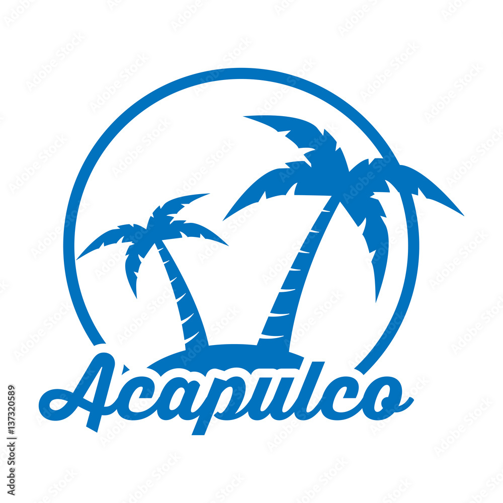 Icono plano Acapulco en isla azul en fondo blanco
