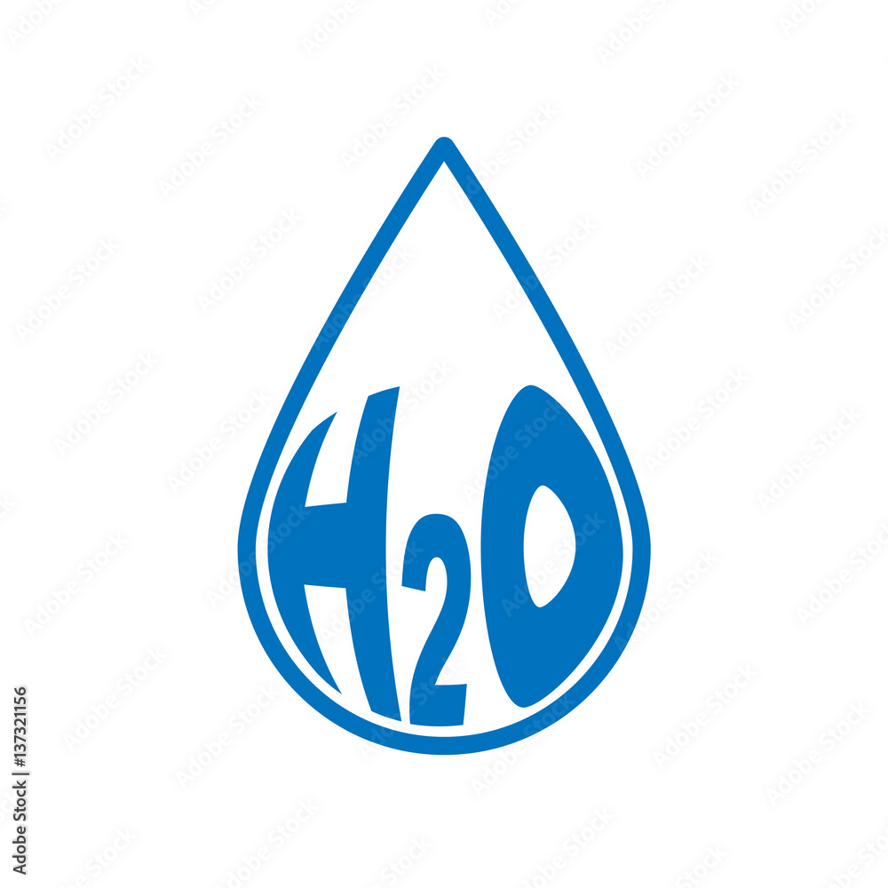 Icono plano silueta gota H2O azul en fondo blanco Icono plano silueta gota H2O azul en fondo blanco