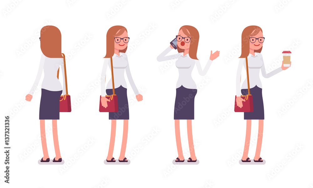 Set of female clerk in standing poses, rear, front view Set of female clerk in standing poses, rear, front view
