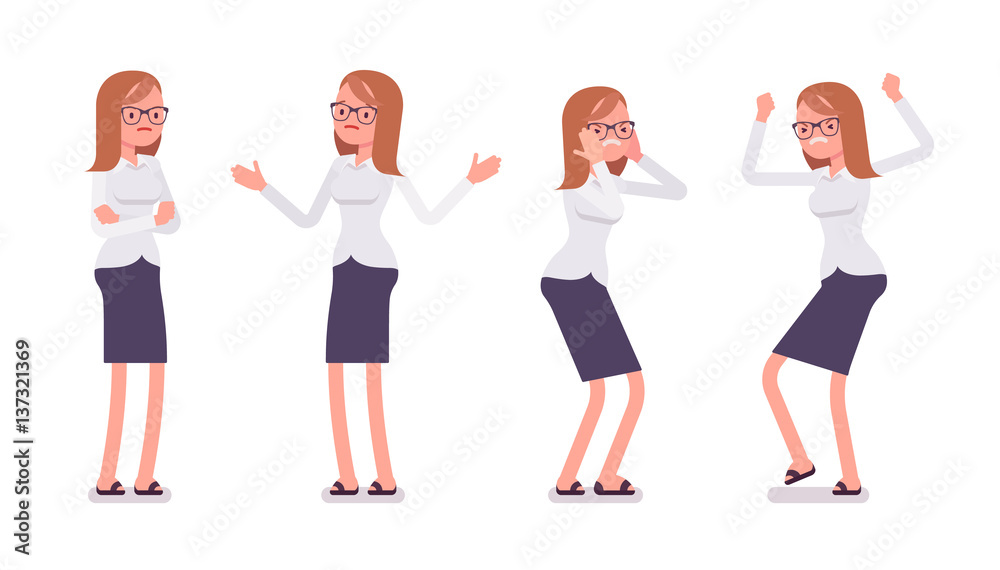 Obraz premium Set of young female clerk showing negative emotions front view