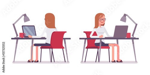 Young female clerk working at the laptop, rear and front view