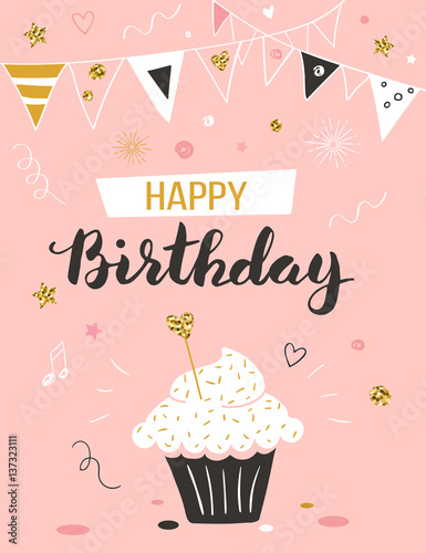 Happy birthday greeting card with cupcake and text