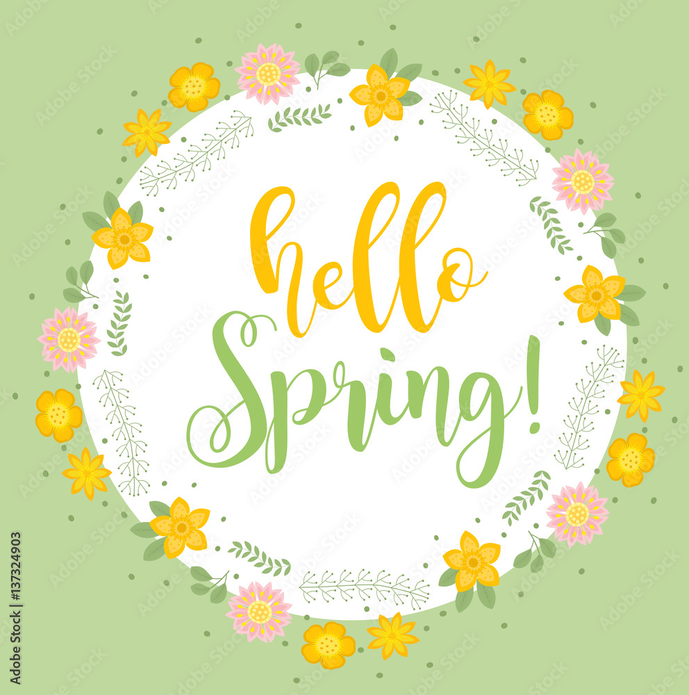 Hello Spring floral frame for text, isolated on white background. Spring template for your design, cards, invitations, posters. Vector illustration