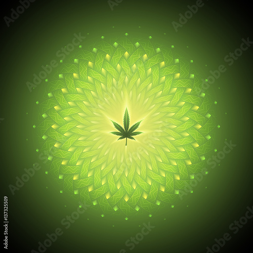 psychedelic volumetric luminous mandala, decorated with geometric patterns, cannabis leaf in the center of the mandala, vector illustration