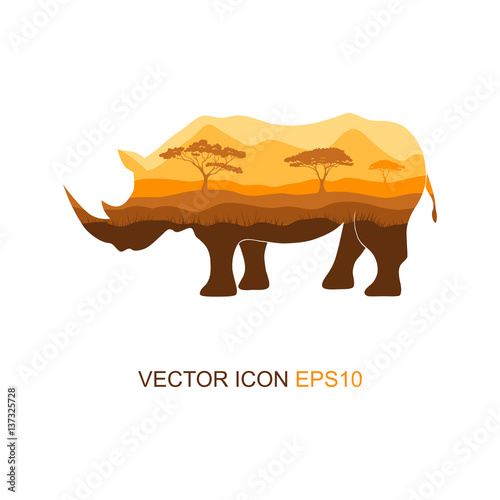 Vector illustration of a silhouette of a rhino on isolated white background. Rhinoceros side view profile. Silhouette of rhinoceros. Logo. Vector illustration.