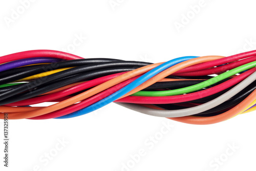 Colored computer wires. The cable from the computer power supply. Isolated on white background.