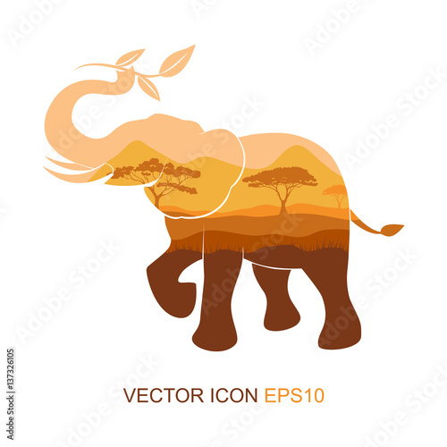 Elephant symbol.Vector illustration. elephant picture tea and sprigs. South nature. Silhouette of an elephant. Logo for tea. Flat icon.