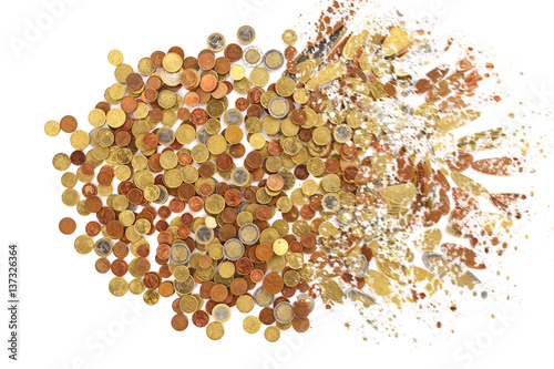 euro coins explosion on a white background