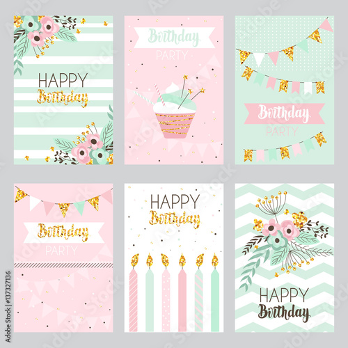 Collection of birthday cards in pastel colors.