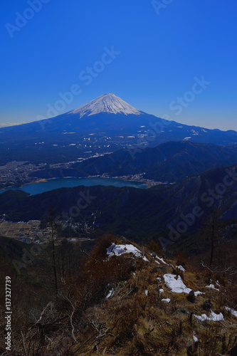 御坂山地中藤山周辺からの冬の青空富士山