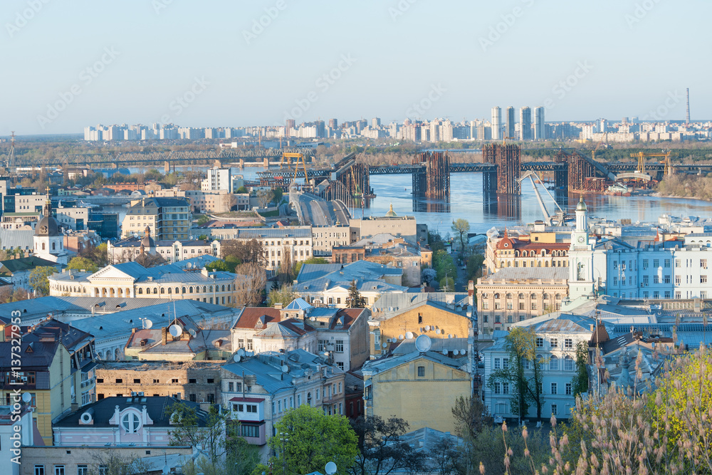 Panoramic view of historic district Podol by the Dnieper river, Kiev, Ukraine
