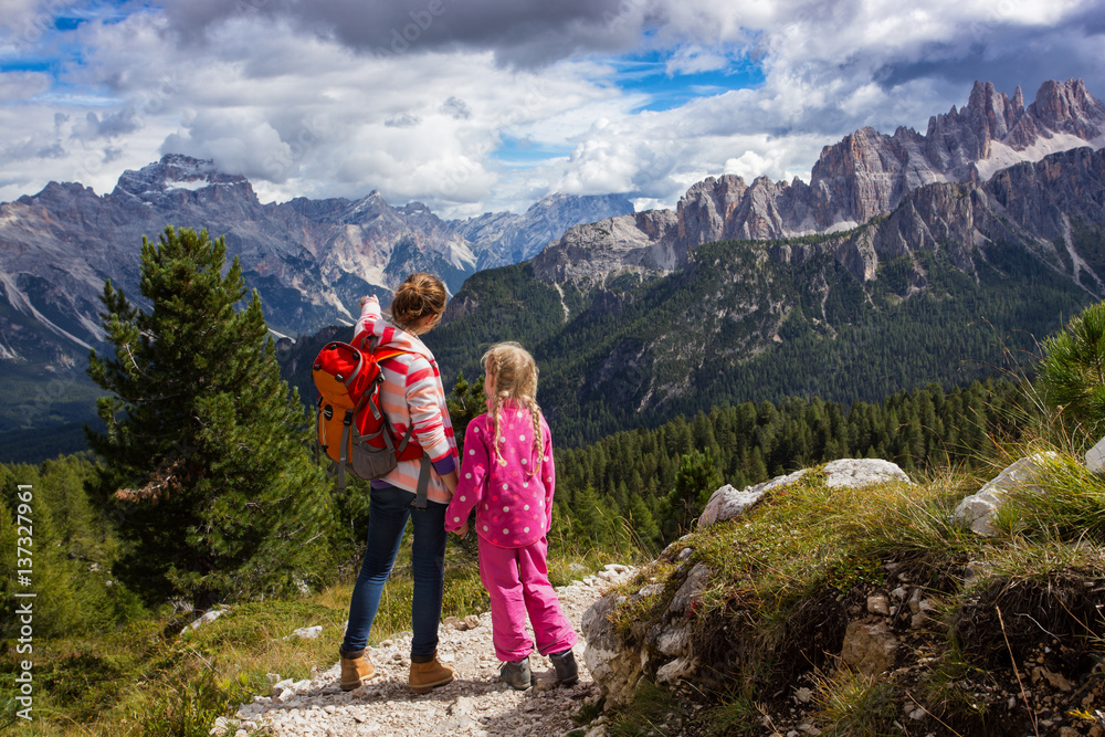two tourist girls at the Dolomites