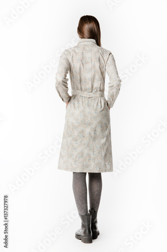 Details of women's clothing. Detail dress on a model on a white background