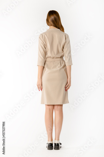 Details of women's clothing. Detail dress on a model on a white background