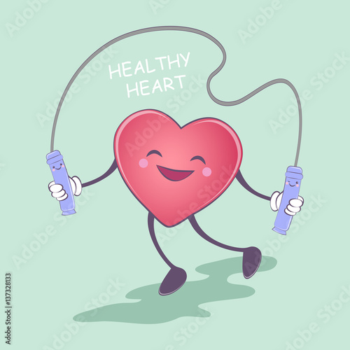 Healthy heart. Healthy lifestyle. Pretty heart is jumping rope. Vector illustration. Emergency cardiology cartoon strong and funny characters diseased heart.