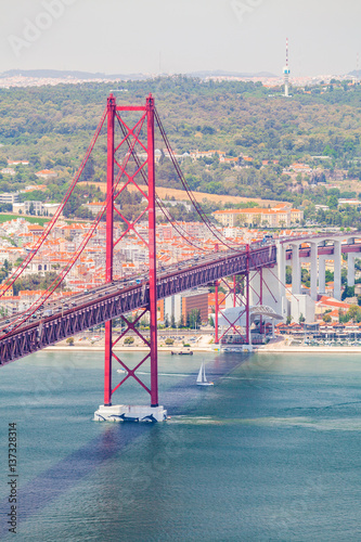 25th of April Bridge in Lisbon. Panoramic view of Lisbon, the Tagus River and Bridge from the National Sanctuary of Christ the King