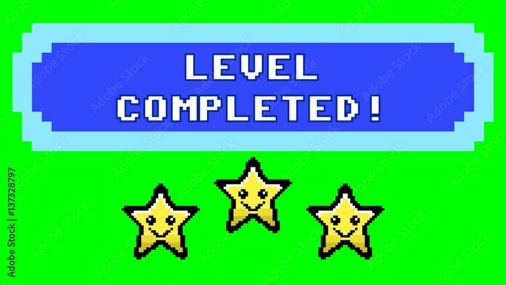 A videogame screen, 8 bit retro style, saying Level completed. Smiling stars over pure green.
