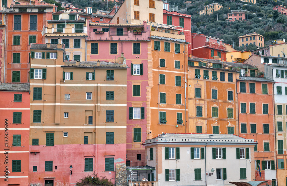 Camogli, typical pastel-coloured houses. Color image