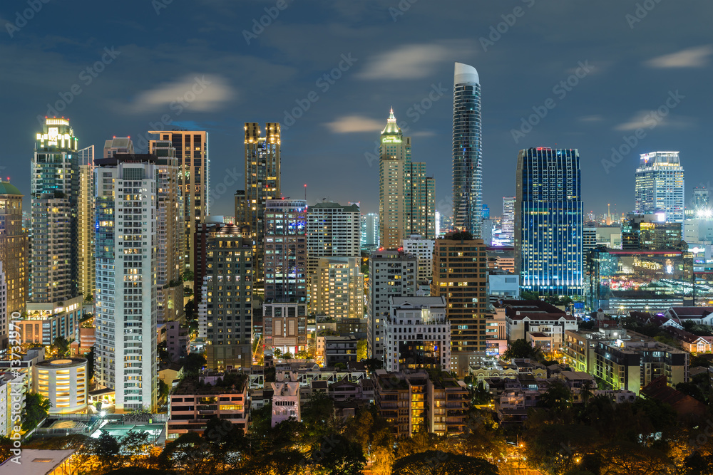 Bangkok night view with skyscraper in business district in Bangkok Thailand.