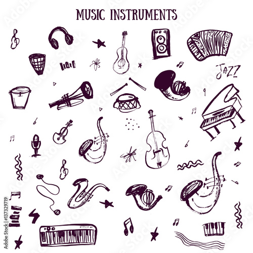 Set of hand drawn Music Instruments in vector with guitar, rock, bass. Doodle mysical items in rough style