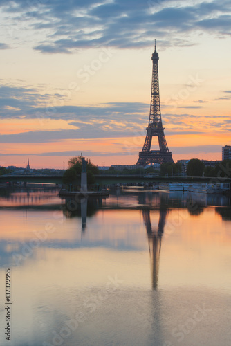 Eiffel tower in Paris from river Seine in morning at Paris  France.