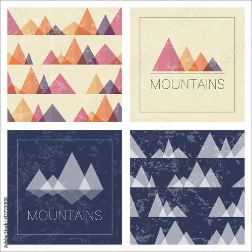 Abstract mountains in geometric style. Set of stylish outdoor card templates and seamless patterns. Vector backgrounds for business cards, greetings, prints, web design, invitations and banners.