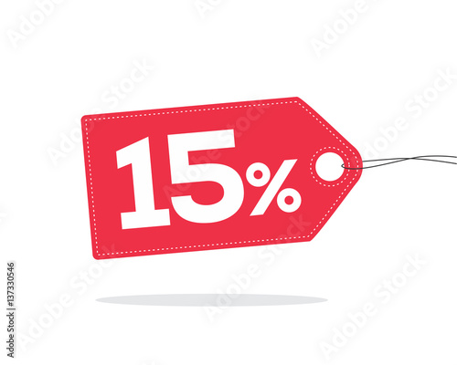 Red price tag label with 15% text on it and with shadow isolated on white background.