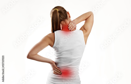 Woman having spine disease or illness. Painful back on female body with red dots