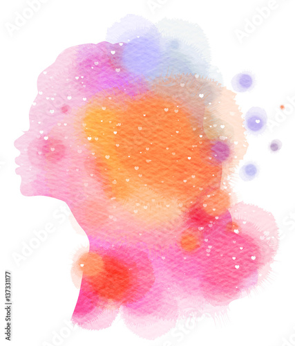 Illustration of woman beauty salon silhouette plus abstract watercolor.  Digital art painting