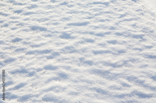 Texture of the snow cover. The snow background on the surface of the ice with wind patterns. The winter season in detail.