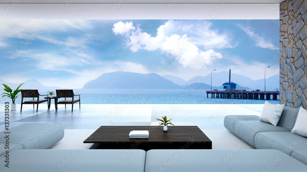 Fototapeta premium modern room interior near beach with sky and sea view /3d render