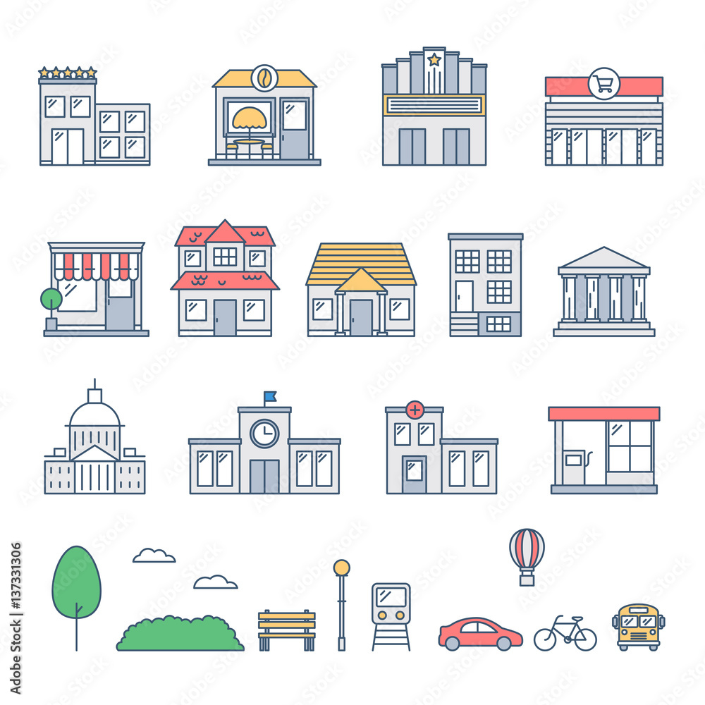 City and buildings set of vector icons. Objects for infographics