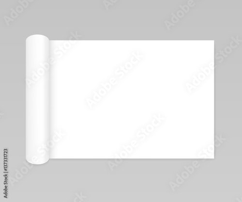 Blank open magazine mockup with rolled page, landscape orientation