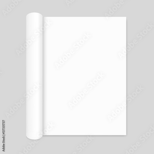 Blank open magazine mockup with rolled page, portrait orientation
