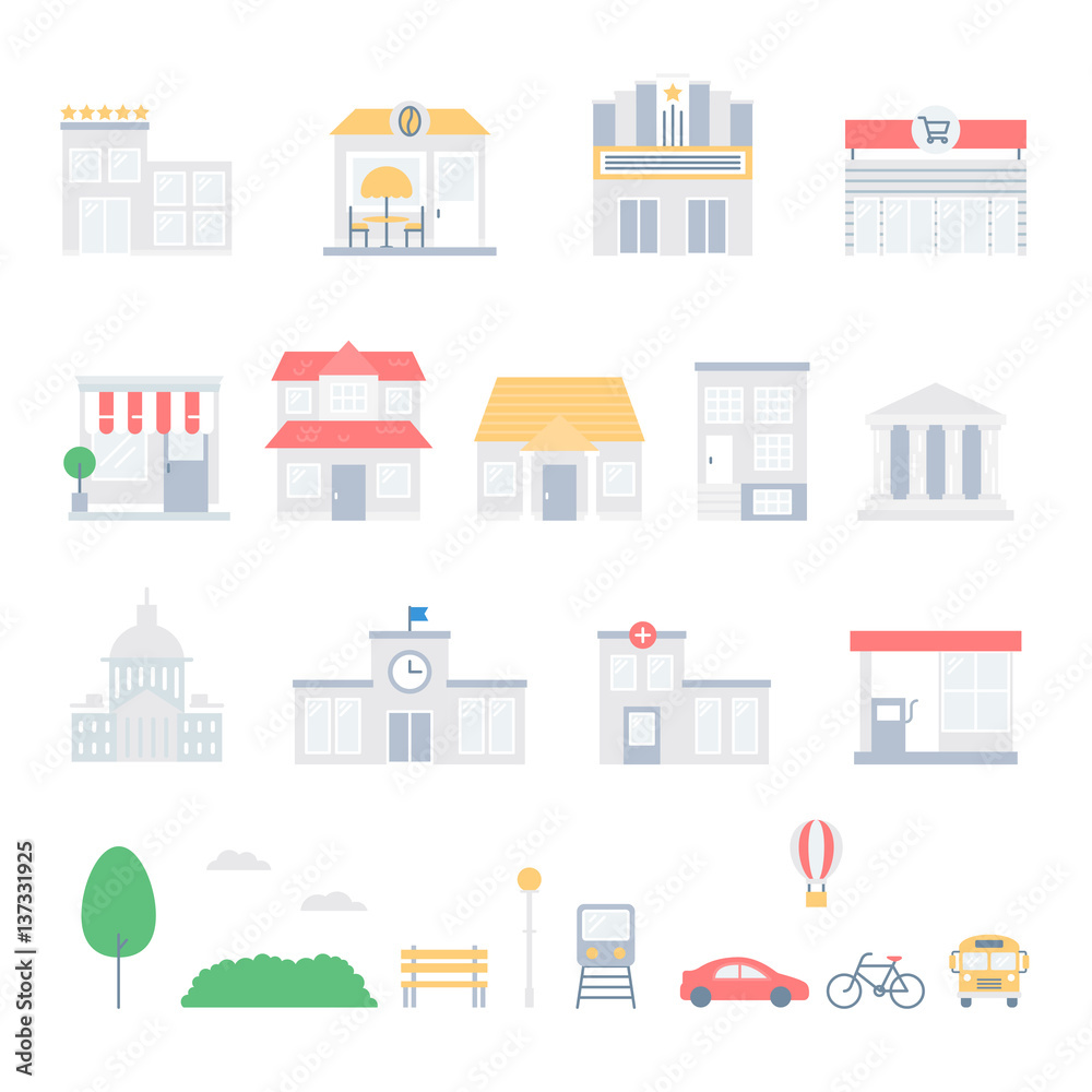 City and buildings set of vector icons, flat style