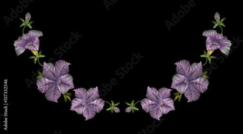 Embroidery crewel floral petunia neckline decoration. Vector illustration