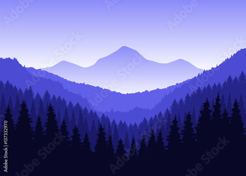 Panorama of mountains. Winter. Blue tones.