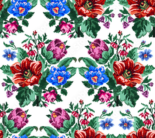 Fototapeta Naklejka Na Ścianę i Meble -  Color bouquet of wildflowers (lilia, bellflower, barberry flower and cornflowers)  using traditional Ukrainian embroidery elements. Can be used as pixel-art. Seamless pattern.