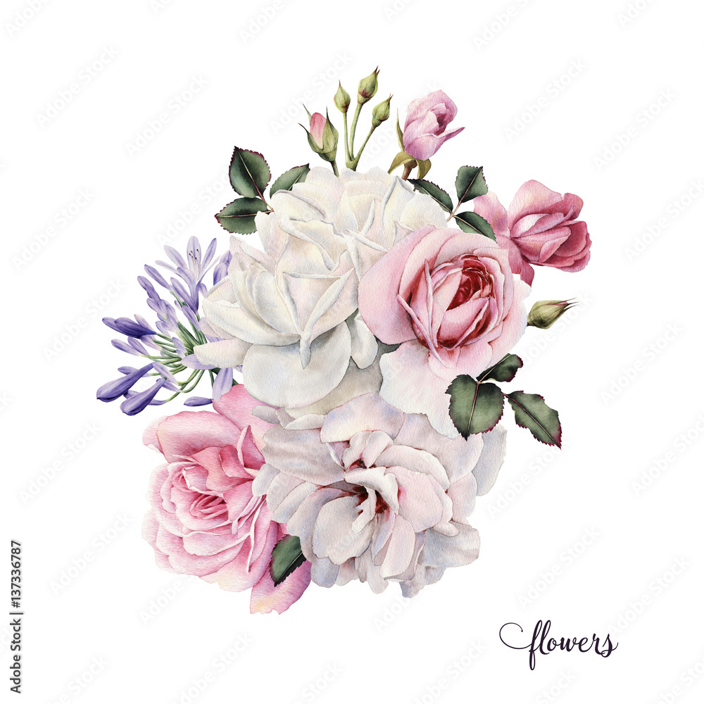 Bouquet of roses, watercolor, can be used as greeting card, invitation card for wedding, birthday and other holiday and  summer background.