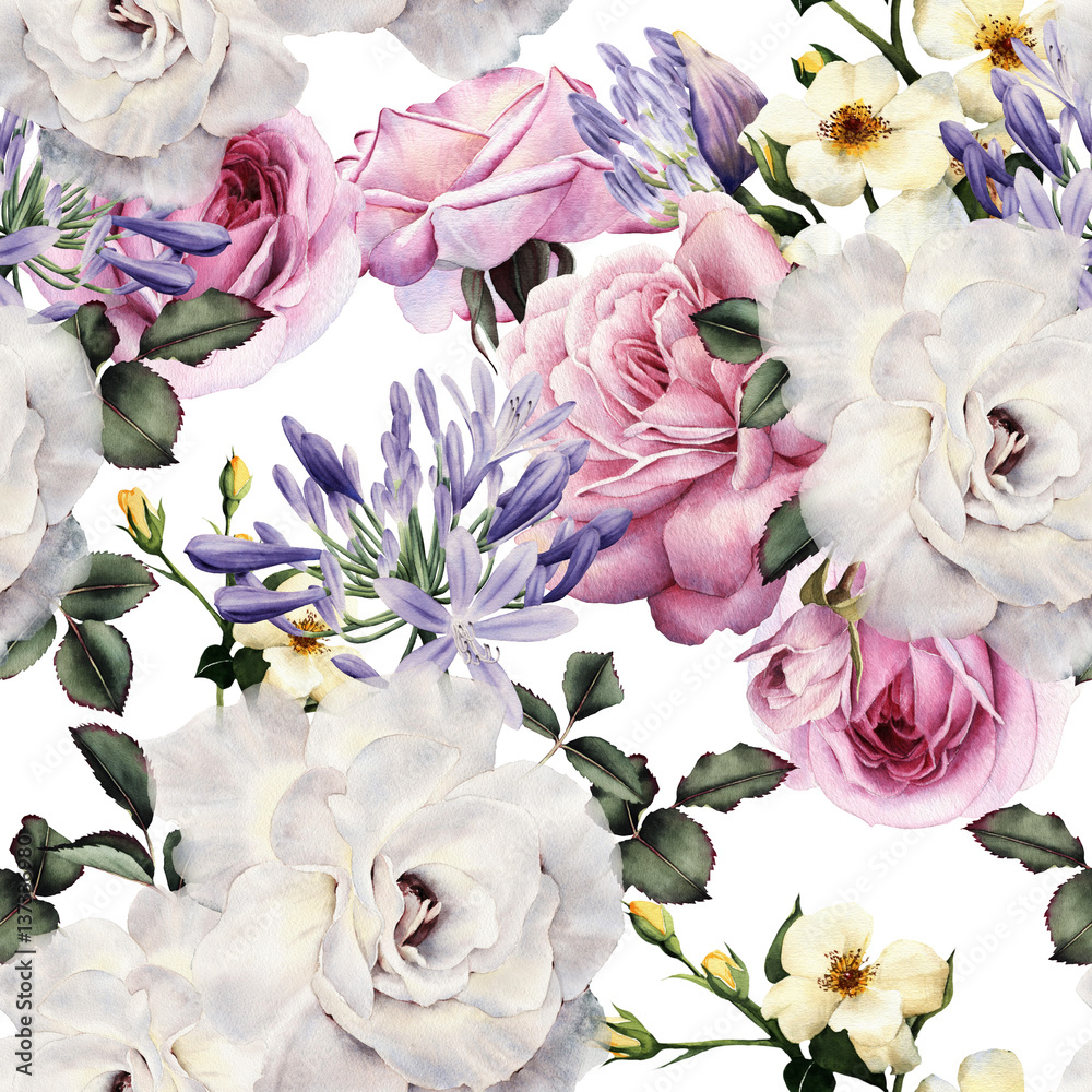 Fototapeta Kwiatowy wzór z kwiatami, akwarela.