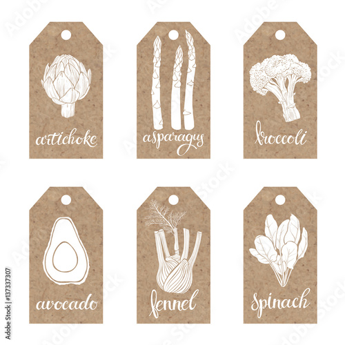 Tags with silhouettes of vegetables on kraft paper.Vector collection.